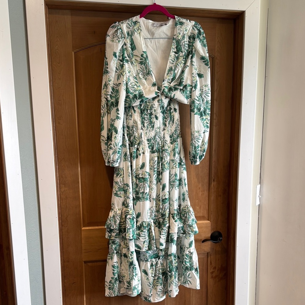 Cream and Green Ruffled Wrap Sundress with Bishop Sleeves